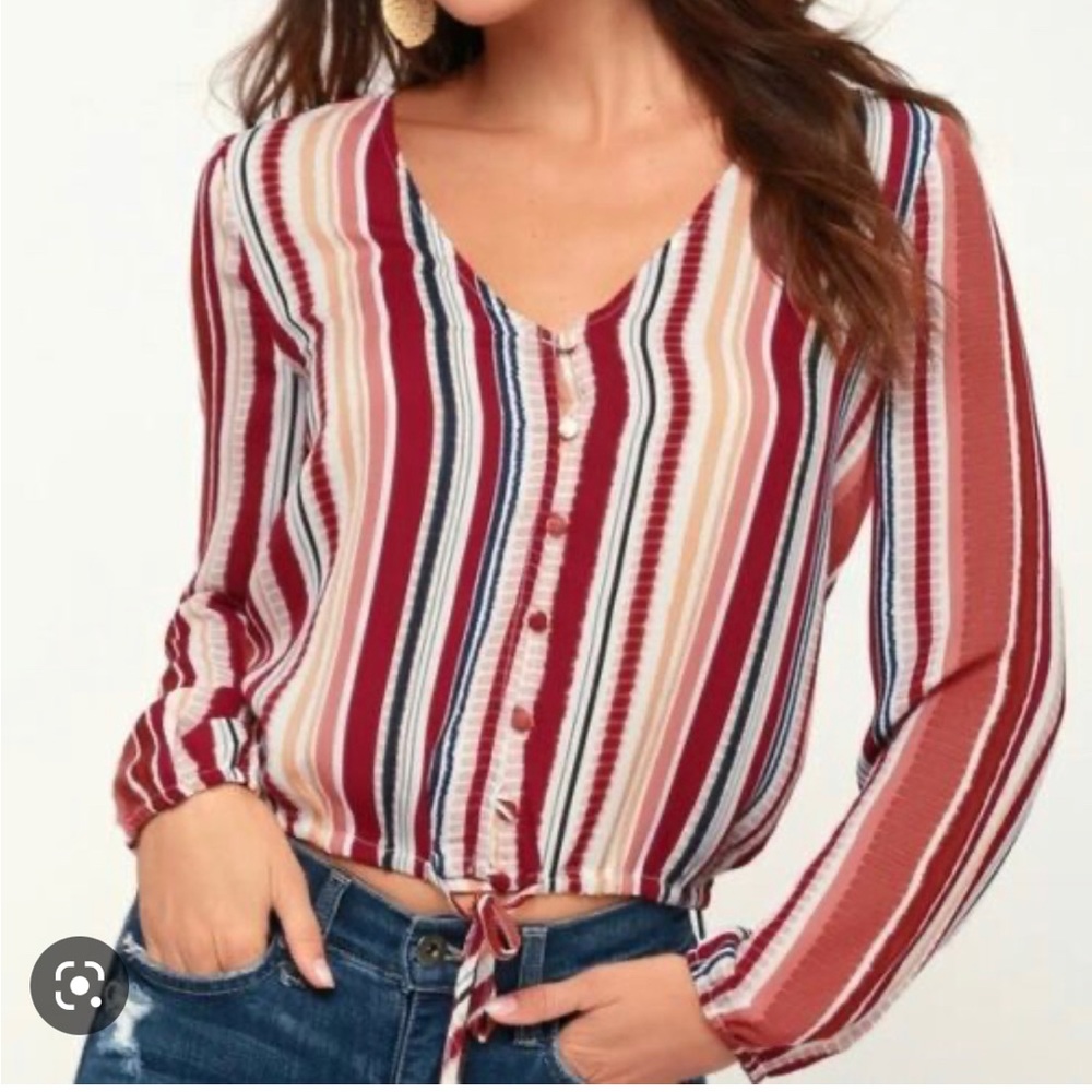 Jack by BB Dakota XS Silky Cropped Multicolor V Neck Blouse with Buttons and Tie